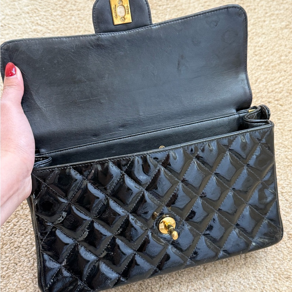 Chanel Double Flap black Patent Quilted Shoulder Bag - Picture 13 of 17